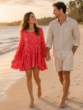 THE IMPECCABLE PIG Darling! Coral Red & Pink Linen Flowy Tunic DRESS Floral